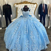 Luxury 3D Flowers Blue Quinceañera Dresses for Sweet 16 with Big Bow
